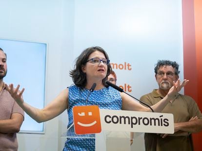 Mónica Oltra durante la comparecencia en la que anunció su dimisión, el martes 21 de junio.