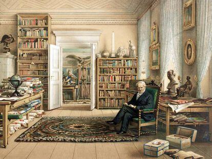 Ilustración de Alexander von Humbolt en su biblioteca de Berlín, por Eduard Hildebrandt en 1856.