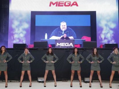 Kim Dotcom, fundador de Megaupload, durante la presentaci&oacute;n de Mega, su nueva p&aacute;gina de descargas. 