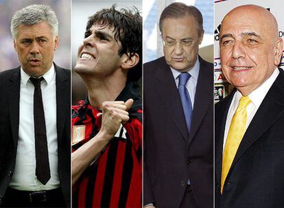 De izquierda a derecha: Ancelotti, Kaká, Florentino, Galliani.