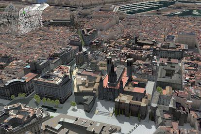 Vista aérea virtual de la plaza de la catedral y de parte del barrio Gòtic, con las diferentes posibilidades de la aplicación.