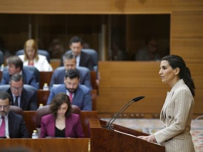 La portavoz de Vox en la Asamblea de Madrid, Rocío Monasterio, intervenía este jueves durante la segunda sesión del pleno de investidura.