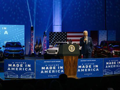El presidente de Estados Unidos, Joe Biden, en un acto del sector del automóvil en Detroit.