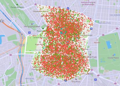 Captura de pantalla de la página web Inside Airbnb, donde aparecen marcados los apartamentos y habitaciones de uso turístico que hay anunciados en la capital.
