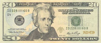 Billete con la efigie de Andrew Jackson e imagen de Donald Trump con el retrato del séptimo presidente de EE.UU que instaló en el despacho oval.