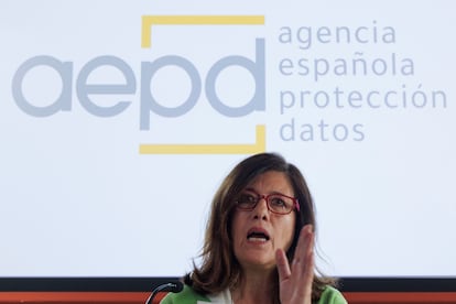 The director of the Spanish Data Protection Agency (AEPD), Mar España, during the press conference held this Wednesday in Madrid.
