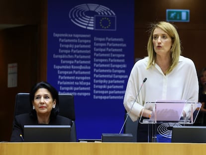 La presidenta del Parlamento Europeo, Roberta Metsola, en la sesión plenaria de este miércoles.