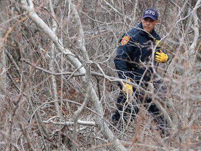 Un policía de Nueva York busca entre los matorrales en las cercanías de la carretera cercana a Oak Beach (Nueva York) el 4 de abril.