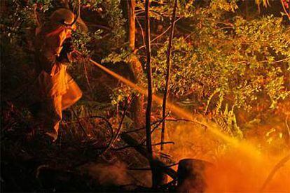 Un bombero trata de sofocar el fuego declarado en Soutomaior, Pontevedra.