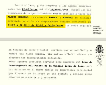 Extracto de informe del Servicio de Asuntos Internos (SAI) de la Guardia Civil en el que consta que los guardias investigados cambiaron y ampliaron su horario el día de los hechos sin motivación oficial.