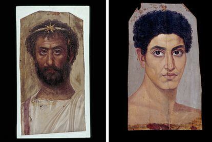 Retratos de las momias de un sacerdote de Serapis y de un joven efebo, procedentes ambos de Hawara, la necrópolis de Arsinoe.