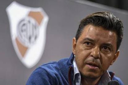 El entrenador de River, Marcelo Gallardo, hoy en rueda de prensa.