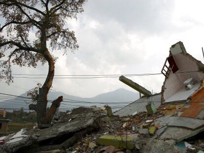 The remains of a lavatory in a collapsed house is pictured after the April 25 earthquake in Kathmandu May 11, 2015. 