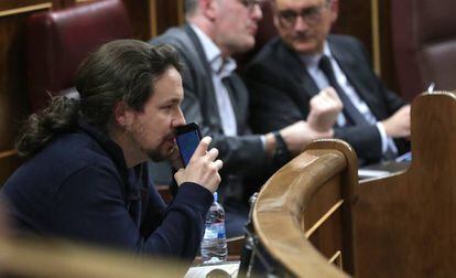 El secretario general de Podemos, Pablo Iglesias, durante la sesión del Congreso de los Diputados de esta tarde.