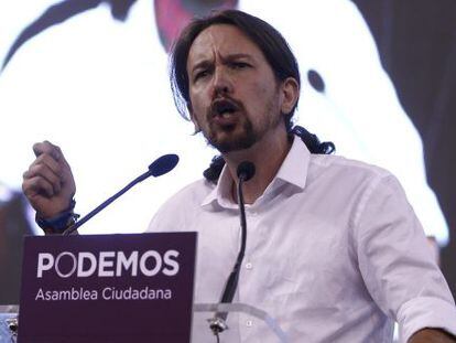 Pablo Iglesias en la asamblea de Podemos en plaza de toros de Vistalegre. 