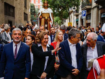 Los socios de gobierno en Barcelona, Jaume Collboni, Ada Colau y Jordi Martí, y Ernest Maragall (de ERC), la semana pasada durante el paseíllo de autoridades con motivo de La Mercè.