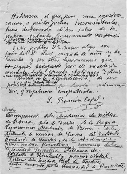 Borrador de la carta enviada por Cajal pidiendo la liberación del científico italiano Giuseppe Levi, en 1934.