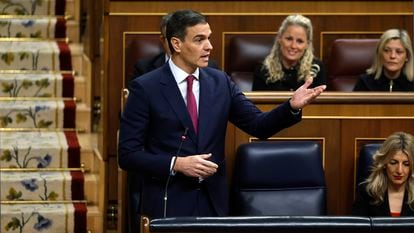 El presidente del Gobierno, Pedro Sánchez, durante la sesión de control en el Congreso.