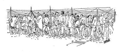 Un dels dibuixos de Josep Bartoli al llibre 'La retirada', sobre els republicans espanyols als camps de concentració del sud de França.