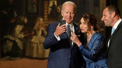 U.S. President Joe Biden takes a selfie with Malta's Prime Minister Robert Abela, right during a visit to the Prado museum with heads of state and dignitaries in Madrid, Spain, Wednesday, June 29, 2022. North Atlantic Treaty Organization heads of state are meeting for a NATO summit in Madrid from Tuesday through Thursday. (AP Photo/Andrea Comas)