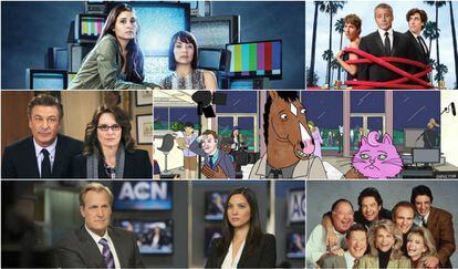 De izquierda a derecha y de arriba a abajo: Unreal, Episodes, 30 Rock, Bojack Horseman, The Newsroom y Murphy Brown.