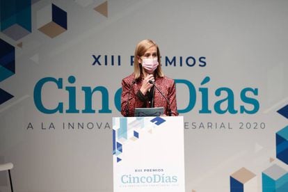 Marieta Jiménez, vicepresidenta regional para Europa de Merck Biopharma, ayer, durante su discurso de clausura de los Premios CincoDías a la Innovación.