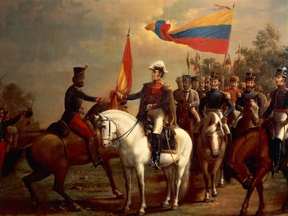 Ilustración de Simón Bolívar en la batalla de Carabobo, en junio de 1821, pintada por Arturo Michelena.
