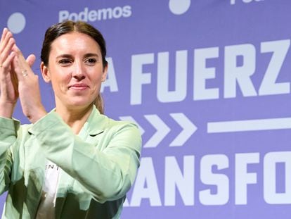 Irene Montero, ministra de Igualdad, durante un evento de campaña de Podemos.