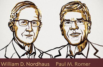 Los nuevos Nobel de Economía, en una ilustración de Niklas Elmehed, difundida por la Academia Sueca.