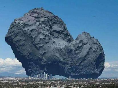 Ilustración comparativa de tamaño del cometa 67P/Churyumov-Gerasimenko con la ciudad de Los Ángeles.