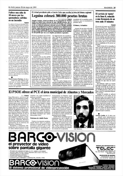 Página de EL PAÍS del 26 de mayo de 1983 en la que se recoge la noticia del encargo.