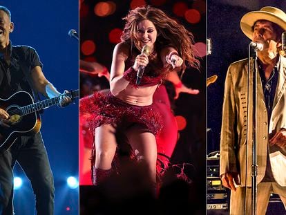 Bruce Springsteen (izquierda), Shakira y Bob Dylan, tres de los artistas que han vendido los derechos de sus canciones.