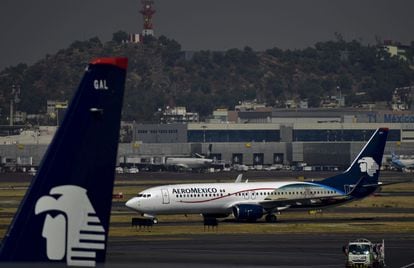 An Aeroméxico plane on the runway of the Mexico City international airport.
