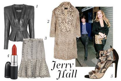 Animal print de la mano de Jerry Hall: 1. Balmain (4.295 euros). 2. Abrigo de Thakoon (2.842 euros). 3. Falda de Jason Wu (2.080 euros). 4. Pintalabios de Mac (c.p.v). 5. Zapatos de Topshop (105 euros).