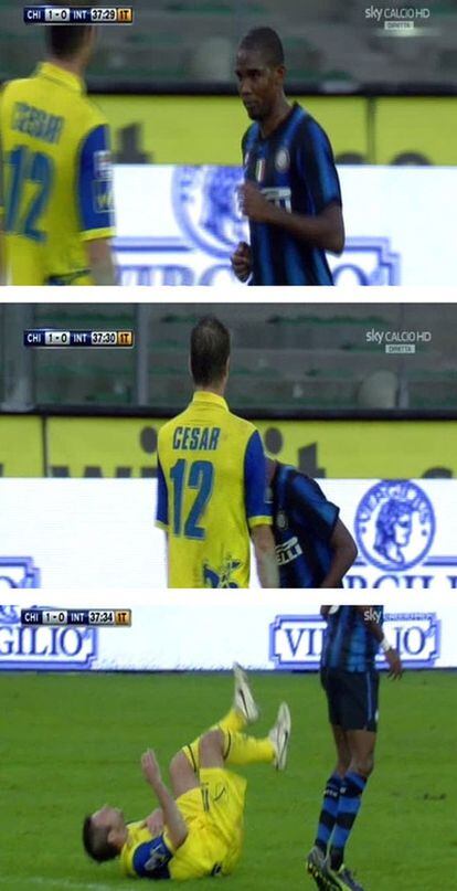 Secuencia del cabezazo de Eto'o a César en el Chievo-Inter de ayer.