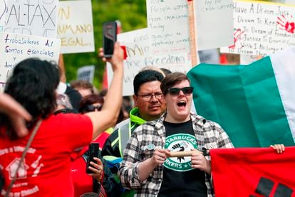 Members of the Starbucks Workers Union demonstrate last May Day in Seattle.