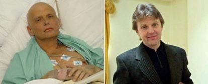 El ex agente ruso Alexandr Litvinenko, en 2006, en un hospital de Londres. A la derecha, con su libro, en mayo de 2002
