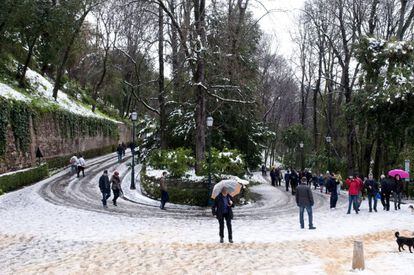 Granada ha amanecido con un manto de nieve que ha cubierto las calles de la capital, una nieve que ha cuajado después de muchos años, aunque no ha provocado incidencias importantes en la ciudad.