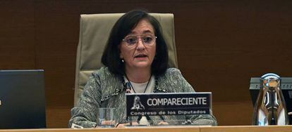 La presidenta de la Airef, Cristina Herrero, durante su comparecencia este lunes en el Congreso.