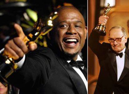 Forest Whitaker, que recibió el Oscar al mejor actor por <i>El último rey de Escocia.</i> A la derecha, Ennio Morricone, Oscar honorífico.