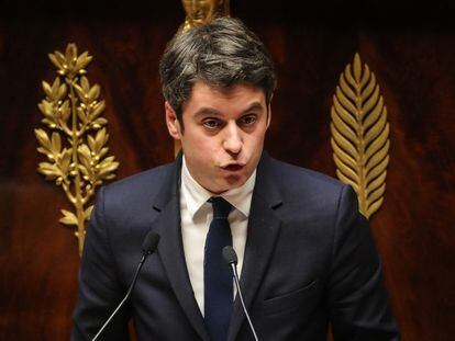 El primer ministro francés, Gabriel Attal, durante el debate sobre el acuerdo de seguridad con Ucrania, este martes en la Asamblea Nacional en París.