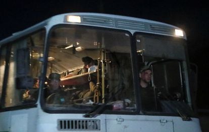 A bus transports Ukrainian soldiers after being evacuated from the Azovstal steelworks in Mariupol.