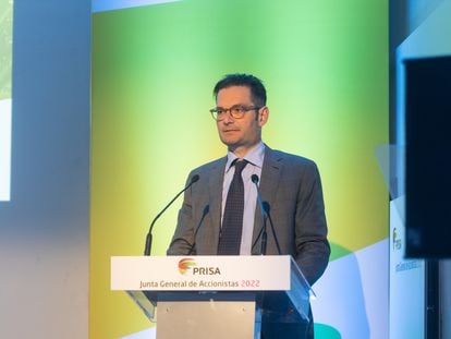 El presidente de PRISA, Joseph Oughourlian, interviene en la junta de accionistas del Grupo Prisa 2022.