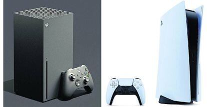 A la izquierda, la nueva Xbox Series X, y la derecha, la nueva PS5.