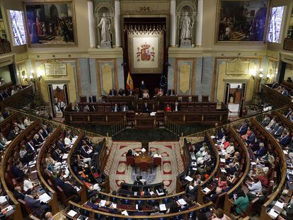 Pedro Sánchez, el martes durante su intervención en la primera jornada del debate sobre el estado de la nación en el Congreso.