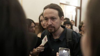 El l&iacute;der de Podemos, Pablo Iglesias, este mi&eacute;rcoles en el Congreso. 