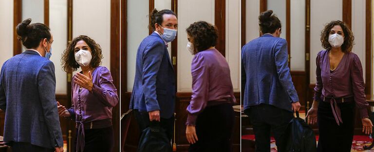 DVD1032 (16/12/2020) El vicepresidente Pablo Iglesias y la ministra de Hacienda María Jesús Montero hablan en los pasillos en el congreso de los diputados en Madrid. Foto: Andrea Comas