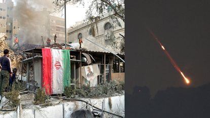 A la izquierda, la embajada de Irán en Siria tras ser bombardeada y a la derecha un artefacto iraní derribado por Israel