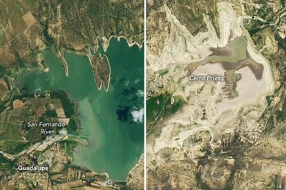 Vista satelital de la presa Cerro Prieto, en Nuevo León, los días 20 de julio de 2015 y 7 de julio de 2022.