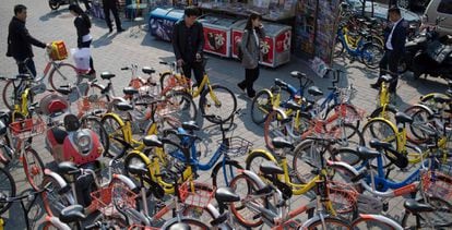 Bicicletas de alquiler estacionadas en una calle de Pek&iacute;n.